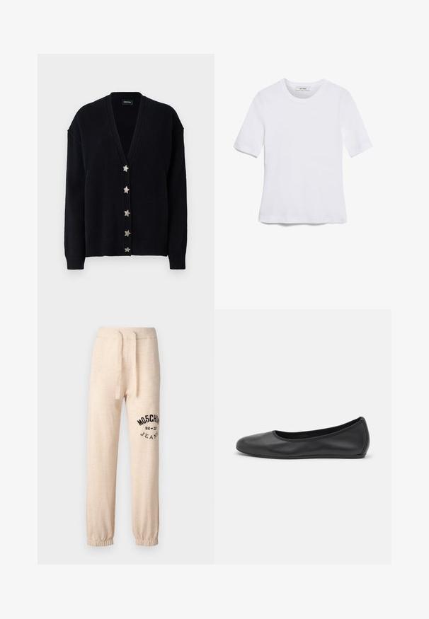 Zwarte cardigan met een diepe V-hals, lange mouwen en zes zilveren sterknopen aan de voorkant. Gemaakt van zachte, gestructureerde breisel.; Witte korte mouwen t-shirt van ribstof. Ronde halslijn, normale pasvorm en subtiele stiksels. Geen patronen of grafische elementen.; Beige sweatpants met elastische boorden en tailleband. Heeft een zwart gedrukt logo "MOSCHINO 86 ❤ 23 JEANS" op de linkerdij. Zachte textuur.; Zwarte leren ballerina met een ronde neus, gladde textuur, minimale stikdetails en een flexibele zoolontwerp.