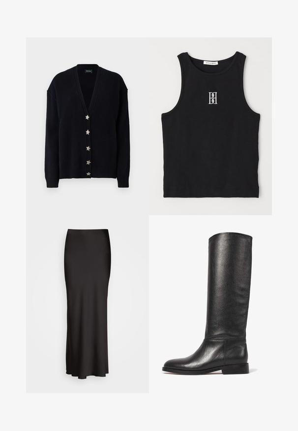 Zwarte cardigan met een diepe V-hals, lange mouwen en zes zilveren sterknopen aan de voorkant. Gemaakt van zachte, gestructureerde breisel.; Zwarte geribbelde tanktop met een ronde halslijn en een geborduurd logo in het wit. De stof heeft een gladde textuur met een aansluitende pasvorm.; Zwarte, vloerlange satijnen rok met een gladde textuur, een aansluitende tailleband en een A-lijn silhouet, zonder zichtbare versieringen of patronen.; Knee-high zwarte leren laars met een gestructureerde afwerking, ronde neus, gladde schacht en een lage gestapelde hak. Minimalistisch design, geen zichtbare hardware.