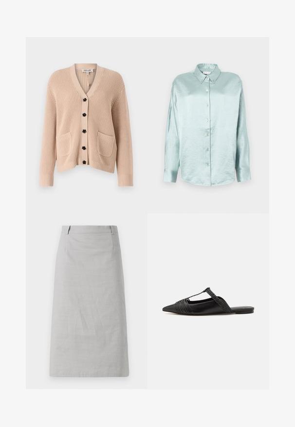 Beige neulecardigan V-puolelle, jossa on kuusi mustaa kukkamuotoista nappia ja kaksi etutaskua. Siinä on ribbikuvioiset hihansuut ja helma.; Vaaleansininen napitettava paita, joka on valmistettu kiiltävästä, pehmeästä kankaasta; siinä on kaulus, pitkät hihat ja pyöristetty helma, ja se on rento istuvuus.; Harmahameinen kynähame, jossa on sileä pinta, tiukka muoto ja tasainen vyötärö, jossa on saumat sivuilla eikä näkyviä kuvioita tai koristeita.; Musta nahkasandaali, jossa on terävä kärki, somistettuna kudotulla yksityiskohdalla ja pleatatuilla yläosilla. Litteä pohja, jossa on vähäisiä tarvikkeita.