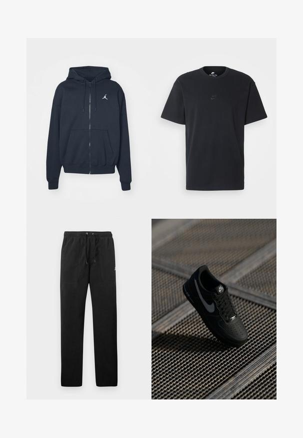 Navy blue zip-up hoodie in soft fabric, featuring a kangaroo pocket, ribbed cuffs, and a white Jordan logo on the left chest.; Nike black cotton t-shirt with a classic crew neck, short sleeves, and a subtle, embossed logo on the chest. Smooth texture.; Black sweatpants made of fleece, featuring an elastic waistband with drawstrings, two front pockets, and a small logo on the thigh.; Black Nike Air Force 1 sneaker with a smooth leather upper, perforated toe, grey accents, and black laces, floating above a textured surface.