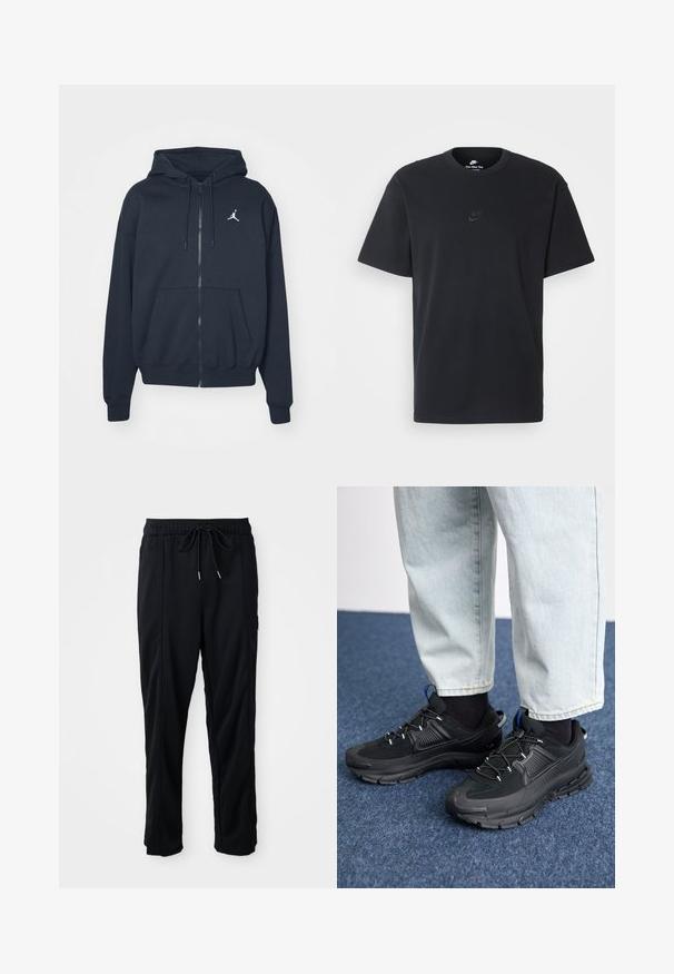 Hanorac cu fermoar de culoare bleumarin, dintr-un material moale, dotat cu buzunar tip cangur, manșete elasticizate și logo-ul Jordan alb pe partea stângă a pieptului.; Tricou din bumbac negru Nike, cu guler rotund clasic, mâneci scurte și un logo subtil embosat pe piept. Textură netedă.; Pantaloni casual negri cu șnur la talie, cu buzunare laterale și croială dreaptă, pe un fundal simplu.; Pantofi sport negri, cu țesătură texturată și tălpi din cauciuc, având șireturi elastice și un accent albastru pe toc. Purtați cu pantaloni din denim deschis.