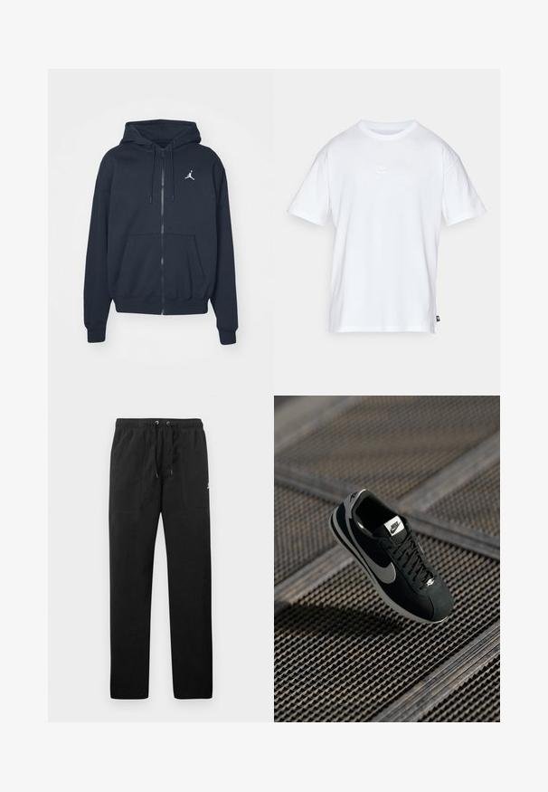 Temno modra kapucar z zadrgo iz mehkega blaga, z žepom kenguru, rebrastimi manšetami in belim logotipom Jordan na levi strani prsi.; Bela bomba iz bombaža s kratkimi rokavi in okroglo ovratnikom. Ima majhen, diskreten Nike logotip na prsih in stranski etiket.; Črne trenirke iz flisa, z elastičnim pasom in vrvico, dvema sprednjima žepoma ter majhnim logotipom na stegnu.; Črne Nike teniske z sivimi poudarki, iz semiša in mrežnega materiala, teksturiranim podplatom, ozko obliko in klasičnim vezalnim dizajnom.