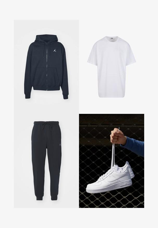 Navy zils zip-up džemperis, izgatavots no kokvilnas maisījuma, ar kengura kabatu, regulējamu kapuci un baltu logotipu kreisajā krūtīs.; Balta kokvilnas T-kreklu ar īsām piedurknēm, apaļu kakla izgriezumu, brīvu piegriezumu un bez redzamām logo vai rakstiem. Gluda tekstūra un minimālistisks dizains.; Melnas sporta bikses, kas izgatavotas no mīkstas auduma, ar elastīgu jostu ar auklu, ribotām piedurknēm un mazu logotipu kreisajā augšstilbā.; Baltas ādas sporta apavi ar perforācijām, apaļu purngali, plakanu zoli un biezām šņorēm, ar redzamu swoosh logo un vārdu "AIR" uz papēža.
