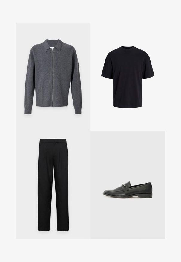 Samsøe Samsøe SAISAKS ZIP CARDIGAN - Vesta na kopčanje - dark grey; Crna pamučna majica s okruglim izrezom, kratkim rukavima i opuštenim krojem. Glatka tekstura bez vidljivih uzoraka ili dekoracija.; Crne hlače od glatkog materijala, s dizajnom ravnih nogavica, dva prednja nabora i standardnim pojasom s petljama za remen.; Crna kožna loafer cipela s glatkom finišem, s ušivenim uzorkom i dekorativnim metalnim lancem preko prednjeg dijela. Ravni potplat.