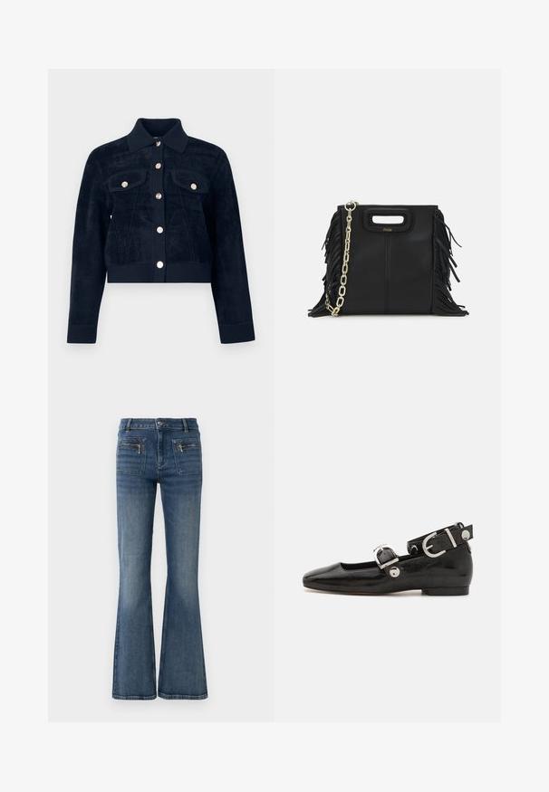 Giacca accorciata blu navy con maniche lunghe, colletto a punta, due tasche sul petto con patta e chiusura frontale con bottoni dorati.; Polo a coste blu navy con colletto a punta, maniche corte e due tasche frontali con bottoni a scatto; messo in risalto da dettagli in cucitura bianca.; Jeans in denim blu a palazzo con vita media, dotati di tasche anteriori e posteriori e una leggera sfumatura sbiadita.; Scarpa flat in vernice nera con punta quadrata, cinturino alla caviglia con hardware in argento e suola piatta. Texture liscia con design minimalista.; Borsa a tracolla in pelle nera con dettagli a frangia, catena dorata e manico ritagliato. Presenta il logo sulla parte anteriore.