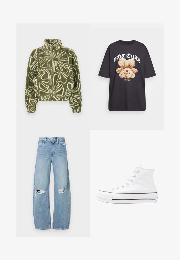 Fleece jacket in green with a white floral pattern, featuring a high collar, zip front, and elastic cuffs. Two front pockets included.; Black oversized t-shirt featuring a graphic of a bear with the text “NOT CUTE BUT WILD” in bold, white lettering. Cotton material.; Light blue, high-waisted jeans made of denim. Feature wide legs, two torn knee areas, and classic five-pocket styling.; White high-top canvas sneaker with black rubber sole, front rubber toe cap, and six eyelets for laces, featuring a clean, minimalist design.