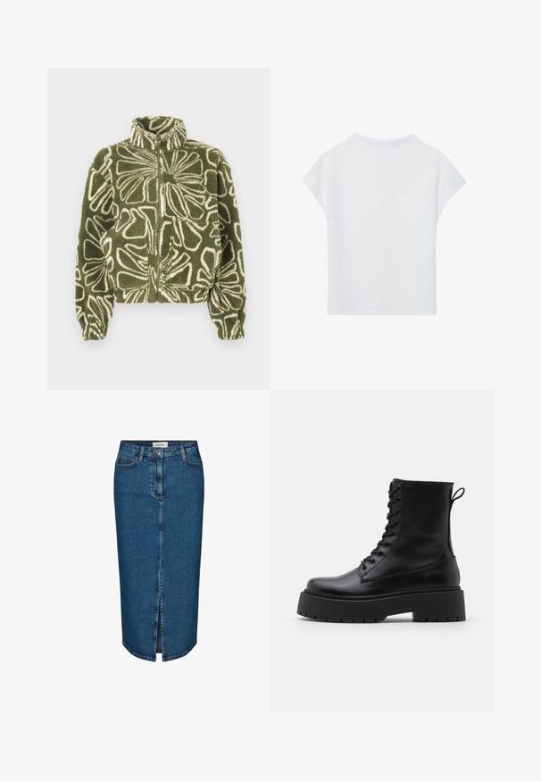 Roheline fliisjakk valge lillemustriga, millel on kõrge krae, esilukk ja elastsed mansetid. Kahel esikotil.; Valge lühikese varrukaga topp, mis on lõdva lõikega, kergest materjalist ja ümarate kaelustega. Tagantvaates on näha sujuv ja lihtne disain.; Tumedast denimist seelik, millel on ees lõhik, viis taskut ja kontrastne õmblus. Keskmise kõrgusega talje klassikalise disainiga.; Mustad mustad nahast pahkluu saapad ümarate varvastega, nööridega esiosas ja paksu kummist talla ning tekstuuritud mustriga. Tagumine tõmbeaas.