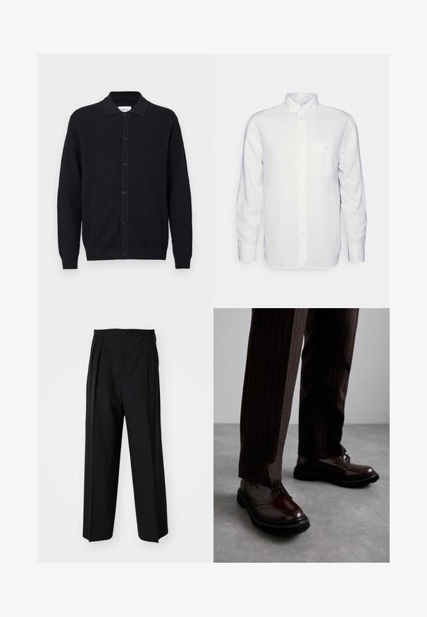 Czarny sweter z teksturowanym splotem, z długimi rękawami, zapinany na guziki z klapowanym kołnierzem, zaprezentowany na jednolitym białym tle.; Biała koszula z długim rękawem wykonana z bawełny, z kołnierzykiem zapinanym na guziki, przednią kieszenią i regularnym krojem. Teksturowana tkanina o gładkiej powierzchni.; Czarne plisowane spodnie o prostym, szerokim kroju nogawek. Wykonane z gładkiego materiału, z zapięciem na guzik i pętelkami na pasek.; Brązowe skórzane buty sznurowane o błyszczącym wykończeniu, czarna gumowa podeszwa i subtelne przeszycia. Noszone z brązowymi spodniami w prążki.