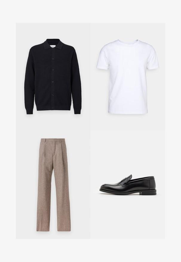 Schwarze strukturierte Strickjacke mit langen Ärmeln, durchgehender Knopfleiste und umgeschlagenem Kragen, auf einem schlichten weißen Hintergrund präsentiert.; Weißes T-Shirt mit kurzen Ärmeln aus Baumwollstoff und rundem Halsausschnitt. Schlichtes Design ohne Muster oder Akzente. Glatte Textur.; Braune, hochtaillierte Hose aus strukturiertem Stoff. Mit weitem Bein und zwei vorderen Bügelfalten für zusätzliche Form. Saubere Verarbeitung ohne sichtbare Hardware.; Schwarze Lederloafers mit glatter Textur, rundem Zehenbereich und einem dekorativen Riemen über dem Vorderfuß. Niedriger, gestapelter Absatz, minimalistisches Design.