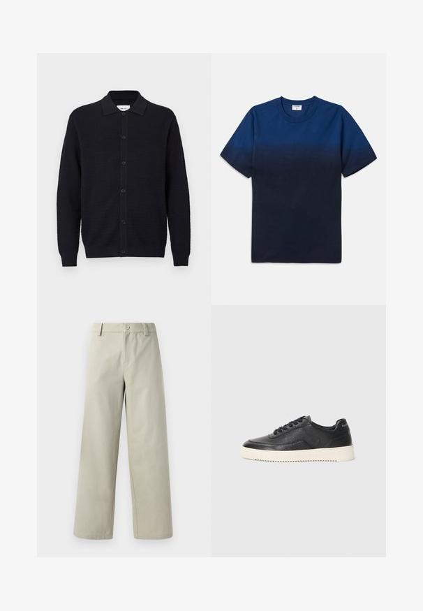 Fekete textúrájú kötött kardigán hosszú ujjal, gombos elülső résszel és hajtott gallérral, sima fehér háttéren bemutatva.; Tengerészsötét kék pamut póló kerek nyakkal, rövid ujjakkal, és egy finom átmeneti mintával, ami világosabból sötétebb árnyalatokba halad.; Han Kjøbenhavn WIDE LEG - Nadrágok - light grey; Fekete bőr sportcipő textúrázott felülettel, kerek orral és lapos fehér gumitalppal. Fekete fűzőkkel és márkázással a sarkán.