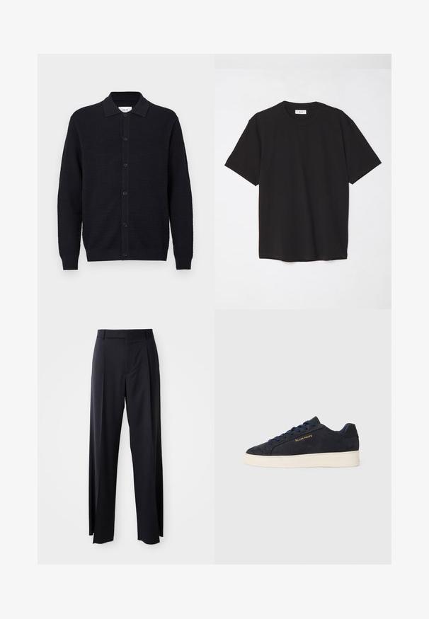 Černý pletený kardigan s texturou, dlouhými rukávy, zapínáním na knoflíky a sklopeným límcem, vystavený na čistě bílém pozadí.; Černé bavlněné tričko s kulatým výstřihem, krátkými rukávy a volným střihem. Jednoduchý design, hladká textura a žádné viditelné vzory či loga.; Černé kalhoty s vysokým pasem a širokým střihem, vyrobené z hladké látky. Mají přední sklady a poutka na opasek. Minimalistický design, bez viditelného kovového hardwaru.; Námornická modrá semišová nízká obuv s bílou podrážkou, námořnickými tkaničkami a zlatým logem "Filling Pieces" na boku.