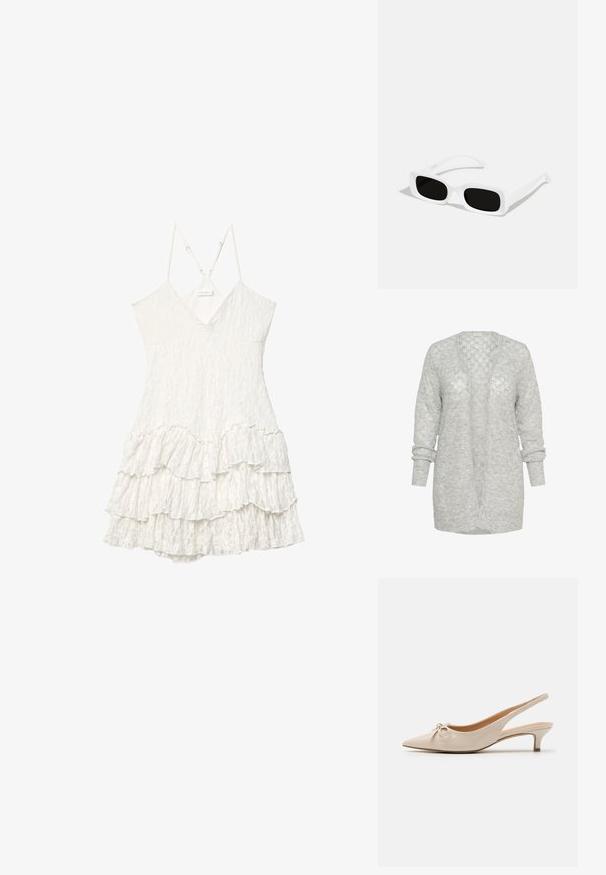 Lichtgrijze gebreide cardigan met een ontspannen pasvorm, open voorkant en lange mouwen met opgerolde manchetten. Zacht, textuurmateriaal met een subtiel patroon.; Witte mouwloze kanten jurk met V-hals, verstelbare dunne banden en gelaagde ruches aan de rok.; Beige gepatineerde lederen slingback hakken met een spitse neus en een decoratieve strik op de wreef. Voorzien van een lage, slanke hak en een gladde textuur.; Witte rechthoekige zonnebril met zwarte lenzen, voorzien van een matte afwerking en een gladde textuur. De armen zijn slank en licht gebogen.; Witte leren handtas met een gebogen vorm, verstelbare schouderband en ritsluiting bovenaan. Gladde textuur met minimale hardwaredetails.