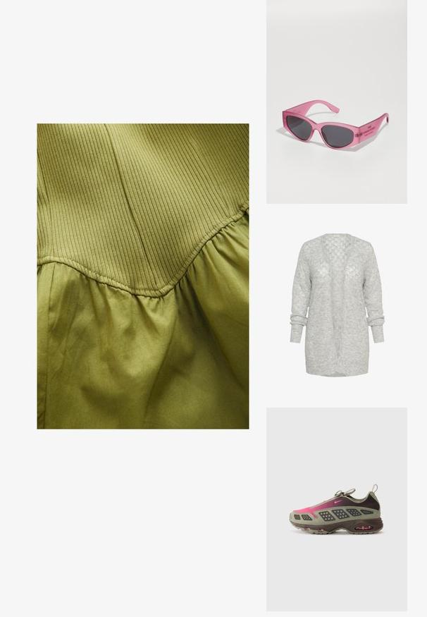 Heledad hallhallita, millel on lõdva istuvusega, avatud eesmik ja pikad varrukad, millel on rullitud mansetid. Pehme, tekstuuriga materjal, millel on peen muster.; Oliivroheline kangas, mille ülemises osas on vertikaalne sooniline tekstuur ja allosas pehme kogutud tekstuur, lisatud järskude õmbluste detailidega.; Sportlik king featuring oliivroheline ja tumepruun materjalide segu roosa aktsendiga. Tekstureeritud pealis ja nähtav õhkpadjandus tallas.; Roosa läbipaistev prilliraam, teravate katki-kassi silmade kujuga, tumedate läätsedega ning kupli küljes on graveeritud tekst "PRILLID."