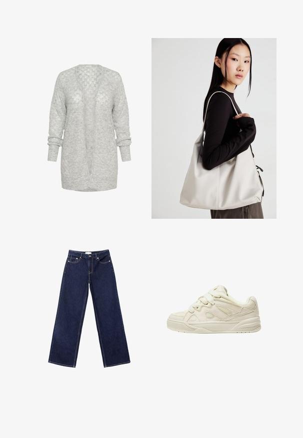 Světle šedý pletený kardigan s volným střihem, otevřeným předním dílem a dlouhými rukávy s ohrnutím. Měkký, texturovaný materiál s jemným vzorem.; Bílý, strukturovaný top s krátkým rukávem, klasickým výstřihem a raglánovými rukávy, s jemným vlnkovým vzorem a lehkým materiálem.; Tmavě modré džínové kalhoty širokého střihu, vyrobené z denimu, s kontrastním šitím, pěti kapsami a zapínáním na knoflíky.; Beige tenisky s texturovaným svrškem, výraznými tkaničkami, síťovinovými panely a silnou podrážkou. Zakřivený design s měkkým límcem pro pohodlí.; Beige kabelka vyrobená z měkkého materiálu, s volným designem, prošívanými detaily a dvěma ramenními popruhy. Vhodná pro každodenní použití.