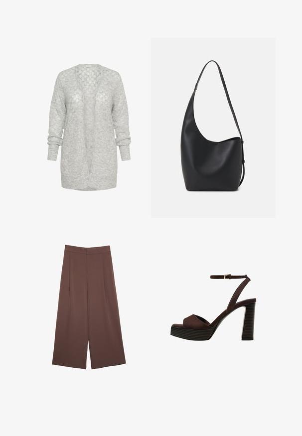 Svijetlosivi pleteni kardigan s opuštenim krojem, otvorenom prednjom stranom i dugim rukavima s preklopljenim manžetama. Meko, teksturirano materijala s suptilnim uzorkom.; Tamno sivi kratki rukav s izrezom u obliku čamca. Izrađen od rebrastog materijala, s opuštenim krojem i ravnim rubom. Jednostavan dizajn, bez uzoraka.; Smeđe hlače širokog kroja s glatkom teksturom, koje imaju visok struk i nabore sprijeda. Tkanina je lagana i slobodno se kreće.; Smeđe zamšaste sandale s visokim potpeticama, otvorenim prstima, podesivom trakicom oko gležnja i prugastom platformom.; Crna kožna hobo torba s glatkom teksturom, zakrivljenim oblikom i jednom podesivom trakicom; ima širok otvor na vrhu.