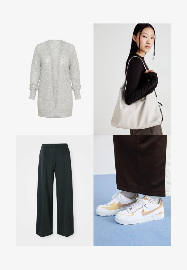 Gaiši pelēks adīts kardigans ar brīvu piegriezumu, atvērtu priekšpusi un garām piedurknēm ar sarullētu maldu. Mīksts, teksturēts materiāls ar nedaudz līdzīgu rakstu.; Divu garo piedurkņu tops komplekts baltā un melnā krāsā. Ribota tekstūra, apaļš kakls, pieguļoša dizaina ar nedaudz izplestām piedurknēm.; Melnas, platajās sporta bikses ar elastīgu jostu. Izgatavotas no gludas, elastīgas auduma, ar viegli pamanāmiem priekšējiem šuvēm un bez kabatām.; Baltas ādas sporta apavi ar zelta akcentiem, ar caurumiem purngalā, plakanām auklām un biezu gumijas zoli ar "AIR" logo sānos.; Bežs rokassoma, izgatavota no mīksta materiāla, ar brīvu dizainu, izšūtu apdari un divām plecu siksnām. Piemērota ikdienas lietošanai.