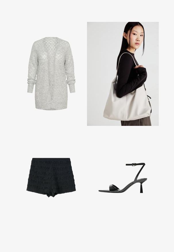 Lichtgrijze gebreide cardigan met een ontspannen pasvorm, open voorkant en lange mouwen met opgerolde manchetten. Zacht, textuurmateriaal met een subtiel patroon.; Zwarte tanktop gemaakt van katoen, met een ronde halslijn en brede armopeningen. Gladde textuur met gestikte zomen. Klassiek, minimalistisch ontwerp.; Zwarte shorts van textuurstof met gekreukte afwerking, voorzien van horizontale ruches en een gegolfde zoom. Elastische tailleband voor een goede pasvorm en comfort.; Bershka Sandalen met hoge hak - black; Beige handtas gemaakt van zacht materiaal, met een slonzig ontwerp, gestikte details en twee schouderbanden. Geschikt voor dagelijks gebruik.