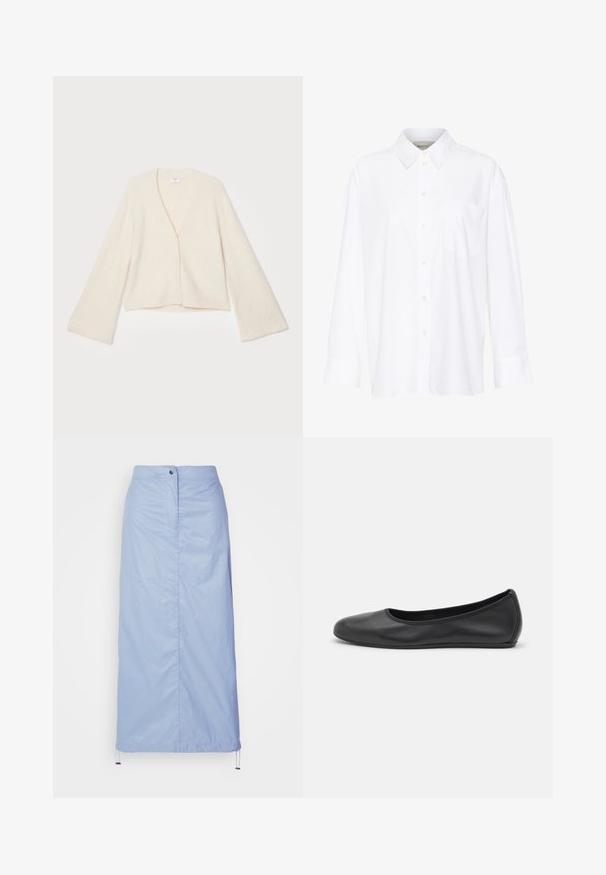 Kreminės spalvos megztinis su V formos iškirpte, ilgomis varpo formos rankovėmis ir keturiais mygtukų užsegimais. Minkšta tekstūra, trumpas dizainas, be matomų raštų.; Balta ilgomis rankovėmis marškiniai su apykakle, pagaminti iš medvilnės. Su mygtukų užsegimu priekyje ir viena krūtinės kišenė. Lygus paviršius, laisvas siluetas.; Šviesiai mėlyna, vidutinio ilgio sijonas, pagamintas iš sklandžios, lengvos medžiagos su tiesiu kirpimu, turi priekinius mygtukus ir raištelį apatinėje dalyje.; Juodai odiniai baletai su apvaliu pirštu, lygi texture, minimalus siuvimo detales ir lanksčiu padų dizainu.