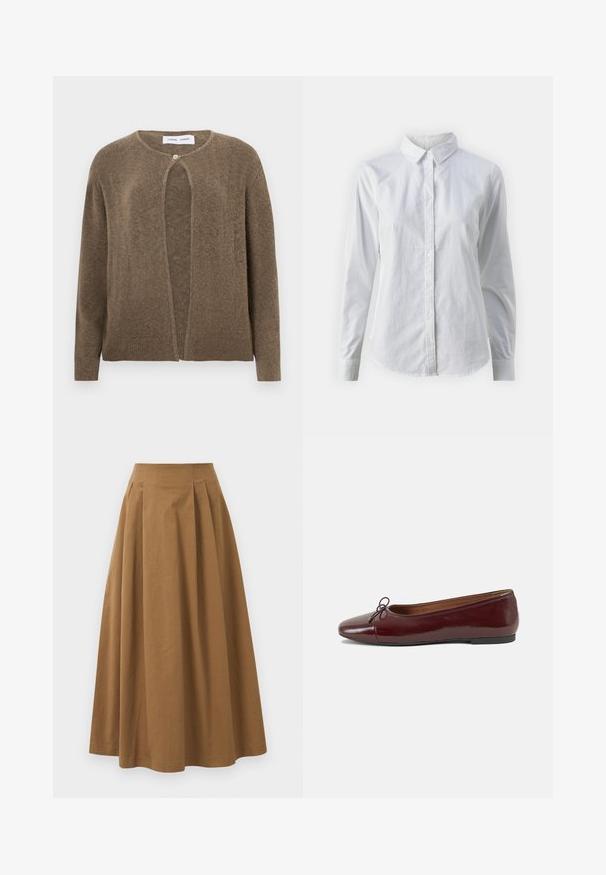 Cardigan marrone aperto davanti con scollo rotondo e maniche lunghe. Presenta una chiusura con un singolo bottone e polsini e orlo a coste. Texture morbida.; Camicia bianca con bottoni, realizzata in cotone liscio, dotata di un colletto classico, maniche lunghe e orlo curvo. I bottoni sono piccoli e bianchi.; Gonna A-line in cotone marrone con vita alta, caratterizzata da pince sulla parte anteriore e una texture liscia. Le finiture dell'orlo sono pulite e semplici.; Ballerine in pelle verniciata bordeaux con punta arrotondata, piccolo fiocco decorativo sulla parte anteriore e suola bassa in gomma nera. Texture liscia.
