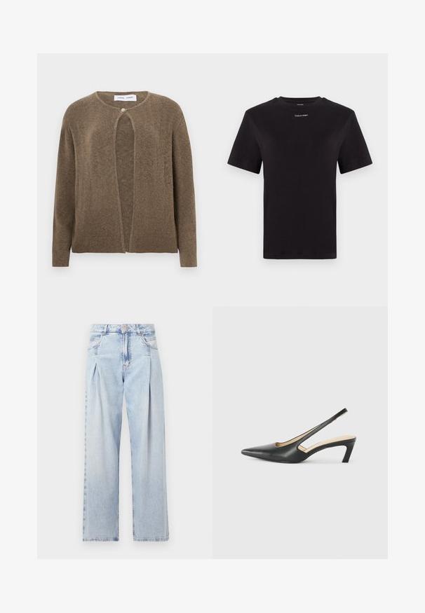 Braune, offene Strickjacke mit gerundetem Ausschnitt und langen Ärmeln. Verfügt über einen einzelnen Knopfverschluss sowie gerippte Bündchen und Saum. Weiche Textur.; Schwarzes Baumwoll-T-Shirt mit kurzen Ärmeln, Rundhalsausschnitt und kleinem weißen "Calvin Klein"-Logo auf der Brust. Glatte Textur, klassischer Schnitt.; Helle blaue Denim-Jeans mit hoher Taille, weitem Beinschnitt, zwei seitlichen Taschen und gefaltetem Design. Weiche Textur mit einem ausgebleichten Finish.; Schwarzer spitz zulaufender Slingback-Schuh mit niedrigem Absatz, der aus glattem Leder gefertigt ist und seitliche Ausschnitte für Atmungsaktivität aufweist.