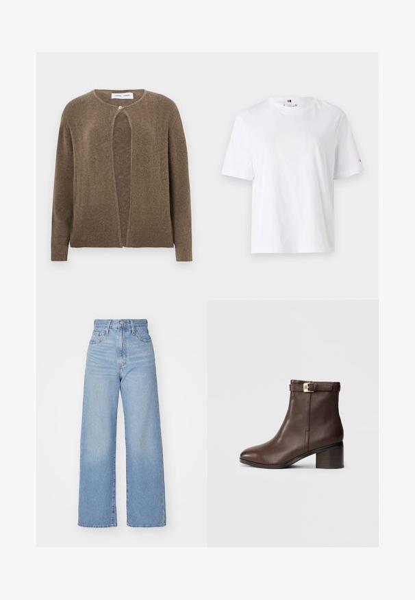 Brun, åpen front cardigan med rund hals og lange ermer. Har en enkelt knappelukking og ribbede mansjetter og nederkant. Myk tekstur.; Hvit bomulls T-skjorte med rund hals, korte ermer og subtilt gult logodesign som leser "HILFIGER NEW YORK 1985." Standard passform.; Lys blå høytlivs vide jeans med knapp- og glidelås lukking foran, foran og bak lommer, på en hvit bakgrunn.; Brune lær ankle boot med rund tå, lav blokhæl og en dekorativ spænde rem ved anklen. Glat tekstur og elegant design.