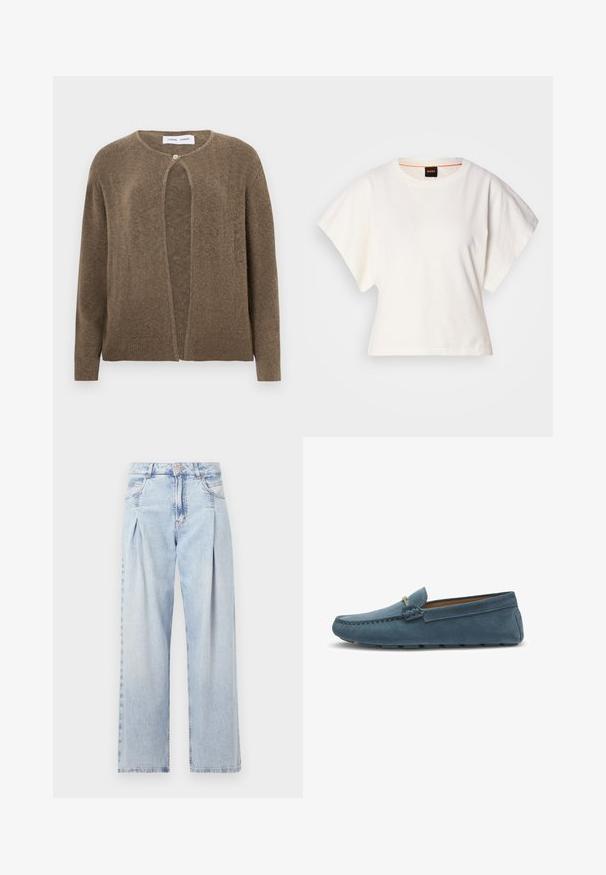 Braune, offene Strickjacke mit gerundetem Ausschnitt und langen Ärmeln. Verfügt über einen einzelnen Knopfverschluss sowie gerippte Bündchen und Saum. Weiche Textur.; Weißes, kurzes T-Shirt, kurze weite Ärmel, weicher Baumwollstoff, runder Ausschnitt mit subtilen orangefarbenen Akzenten, minimales Design, keine Muster oder Grafiken.; Helle blaue Denim-Jeans mit hoher Taille, weitem Beinschnitt, zwei seitlichen Taschen und gefaltetem Design. Weiche Textur mit einem ausgebleichten Finish.; Blaue Wildleder-Slipper mit flacher Sohle, die an den Kanten mit einer gestickten Gestaltung versehen sind und einen dekorativen Metallelement an der Vorderseite besitzen.
