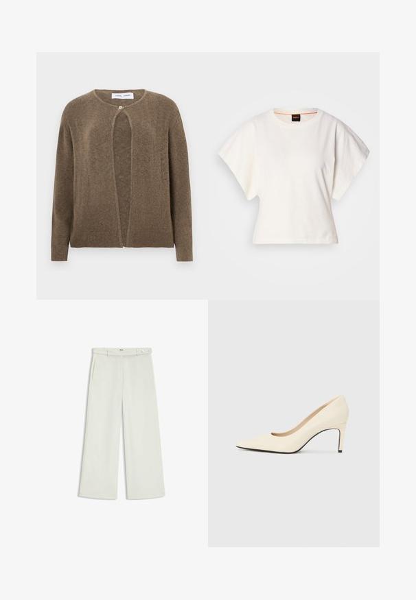 Cardigan ouvert marron avec un col rond et des manches longues. Présente une fermeture à un bouton et des poignets et un ourlet côtelés. Texture douce.; T-shirt blanc cintré, manches courtes et larges, en coton doux, décolleté rond avec une discrète bordure orange, design minimaliste, sans motifs ni graphiques.; Pantalons à jambes larges en tissu crème clair, dotés de poches latérales, d'un devant plat et d'une fermeture à un bouton à la taille. Texture lisse.; Escarpin blanc en cuir avec un bout pointu, texture lisse et semelle noire. Design classique avec une hauteur de talon modérée.
