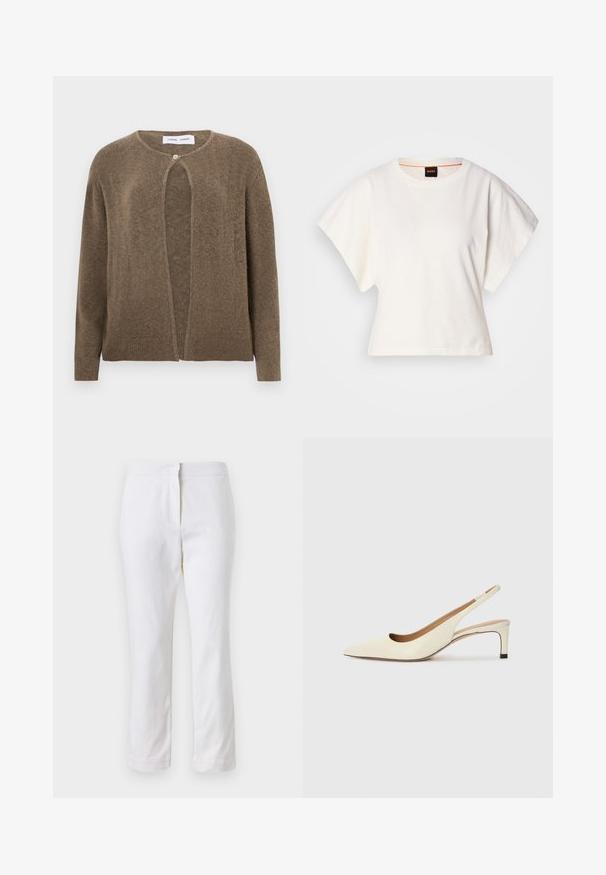 Rjav, odprt kardigan s krožnim ovratnikom in dolgimi rokavi. Ima enojno zaponko in rebraste manšete ter rob. Mehak material.; Bela skrajšana majica s kratkimi širokimi rokavi, mehka bombažna tkanina, okrogla ovratnica z diskretnim oranžnim robom, minimalističen dizajn, brez vzorcev ali grafike.; Beli bombažne hlače s ravnim krojem, srednje visoko pasom, brez vidnih kovinskih elementov ali vzorcev. Gladka textura po vsej površini.; Sandal z visokim prstom iz belega usnja, ki ima nizek peto in izrezljan dizajn z gladko teksturo in minimalnimi poudarki.