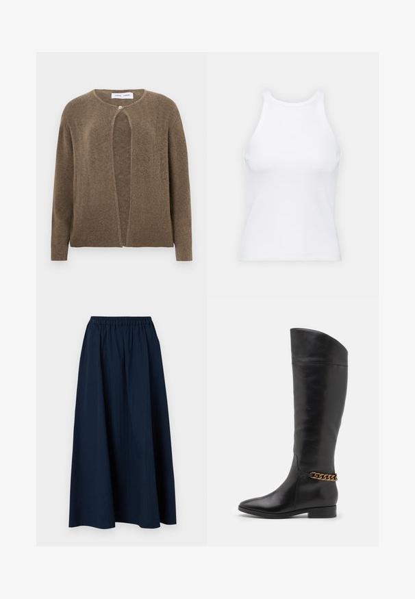 Pruun avatud eesmine kardigan ümmarguse kaelusega ja pikkade varrukatega. Omab ühte nupuvajutust ja ribakujulisi mansette ning alläärte. Pehme tekstuur.; Valge ilma varrukateta T-särk, mis on valmistatud ribakangast, ümarate kaelustega ja kitseneva siluetiga, minimaalse õmbluste ning ilma kaunistusteta.; Tumedat sinine, põrandapikkune seelik, mis on valmistatud tekstuurilisest kangast, millel on elastne vöökoht ja kerged püstised triibud.; Kõrged mustad nahast saapad, millel on stiilne disain, terav nina ja kuldne kett aktsent pahkluul. Madal plokk-konts. Sile tekstuur.