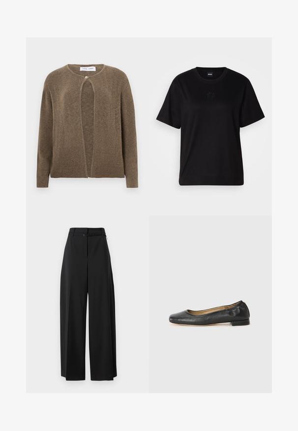 Brūns atvērtā priekšā kardigans ar noapaļotu kakla izgriezumu un garām piedurknēm. Iezīmē vienu pogas aizdari un ribotas aproces un apakšmalu. Mīksta tekstūra.; Melna kokvilnas T-krekls ar apaļu izgriezumu, īsām piedurknēm un izšūtu logotipu uz krūtīm. Vienkāršs, brīvs piegriezums bez rakstiem.; Melnas plašas bikses ar augstu jostasvietu un jostu. Tām ir gluda tekstūra un tīras līnijas, un tās ir paredzētas brīvai piegriešanai.; Melnas ādas baleta kurpes ar noapaļotu purngali un minimālu šuvju skaitu. Zemas, taisnstūra formas papēdis un gluda tekstūra. Smalka iekšējā oderes detaļa.
