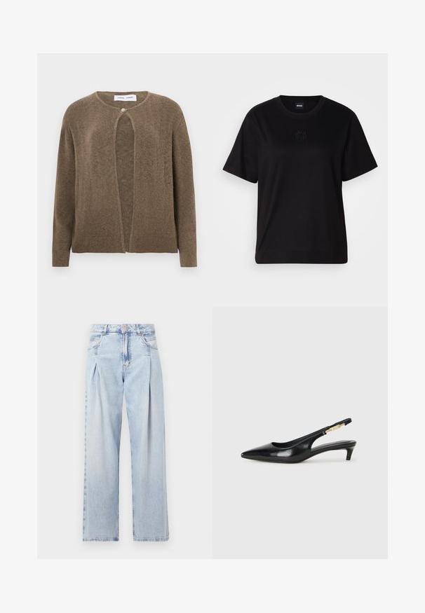 Hnědý otevřený cardigan s kulatým výstřihem a dlouhými rukávy. Disponuje jedním tlačítkem na zapnutí a žebrovanými manžetami a lemem. Měkká textura.; Černé bavlněné tričko s kulatým výstřihem, krátkými rukávy a vyšitým logem na hrudi. Jednoduchý, volný střih bez vzorů.; Světlé modré džíny z denimu s vysokým pasem, širokým střihem, dvěma bočními kapsami a nařaseným designem. Měkká textura s vybledlým povrchem.; Černé kožené boty na podpatku s otevřenou patou a špičatou špičkou, s tenkým podpatkem a zlatým akcentem na nastavitelném pásku. Hladký povrch.