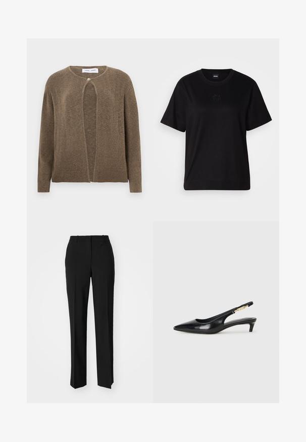 Brown, open-front cardigan with a rounded neckline and long sleeves. Features a single button closure and ribbed cuffs and hem. Soft texture.; Black cotton t-shirt with a crew neckline, short sleeves, and an embroidered logo on the chest. Simple, relaxed fit with no patterns.; Black tailored trousers with a straight-leg design, featuring a smooth texture and crisp creases along the front. No visible hardware.; Black leather slingback heels with a pointed toe, featuring a slim heel and a gold-tone accent on the adjustable strap. Smooth texture.