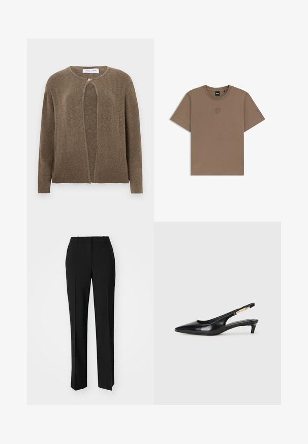 Braune, offene Strickjacke mit gerundetem Ausschnitt und langen Ärmeln. Verfügt über einen einzelnen Knopfverschluss sowie gerippte Bündchen und Saum. Weiche Textur.; Braunes Baumwoll-T-Shirt mit kurzen Ärmeln, geripptem Rundhalsausschnitt und kleinem gesticktem Logo auf der Brust. Glatte Textur und reguläre Passform.; Schwarze, taillierte Hose mit geradem Bein, aus einem glatten Stoff und mit klaren Falten an der Vorderseite. Keine sichtbare Hardware.; Schwarze Leder-Slingback-Pumps mit spitzem Schuhblatt, ausgestattet mit einem schlanken Absatz und einem goldfarbigen Akzent am verstellbaren Riemen. Glatte Textur.