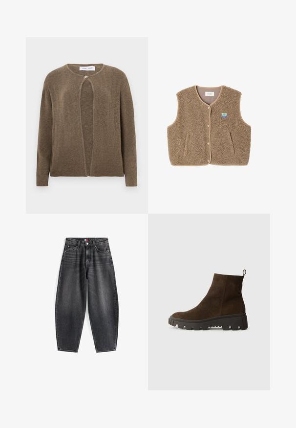 Rjav, odprt kardigan s krožnim ovratnikom in dolgimi rokavi. Ima enojno zaponko in rebraste manšete ter rob. Mehak material.; Rjav flis brezrokavnik z mehko teksturo, okroglim ovratnikom, sprednjim zapiranjem na pritiskače in stranskimi žepe; ima majhen logotip.; Svetlo modra dolgimi rokavi polo majica z vodoravnimi sivo-belimi črtami in ovratnikom.; Črne kavbojke z visokim pasom in sproščenim krojem, ki vsebujejo pet žepov, zanke za pas in oznako blagovne znamke na pasu.; Rjavi zamšasti gležnjarji z debelim črnim gumijastim podplatom, ki imajo rahlo peto in zanka na hrbtni strani za lažno obuvanje.