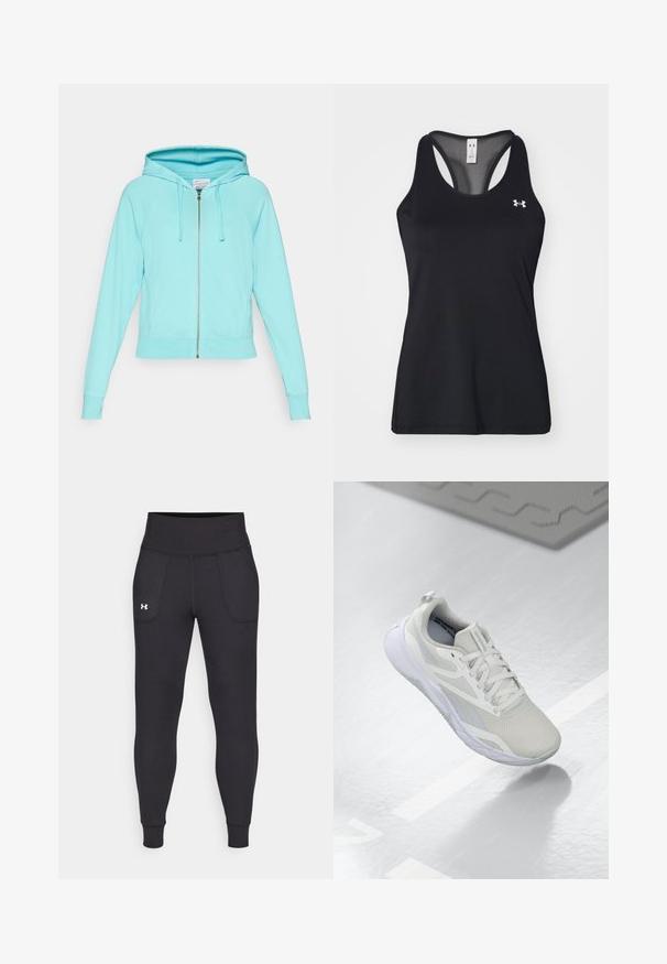 Világoskék, zipzárral ellátott kapucnis pulcsi, amelynél a szegély szabott, raglán ujjakkal és bélelt kapucnival rendelkezik. Elülső zsebekkel és ezüst színű zipzárral rendelkezik.; Fekete sportos trikó textúrált anyagból, racerback dizájnnal és finom logóval a mellen. Könnyű és légáteresztő anyag.; Fekete sportleggings rugalmas anyagból, magas derékfűzéssel, oldalsó zsebekkel és szűkített szárakkal a bokán.; Fehér sportcipő, hálós felsőrésszel, párnázott nyelvvel és fehér gumitalppal. Megkülönböztető részletek között világosszürke díszítések és húzófül található.