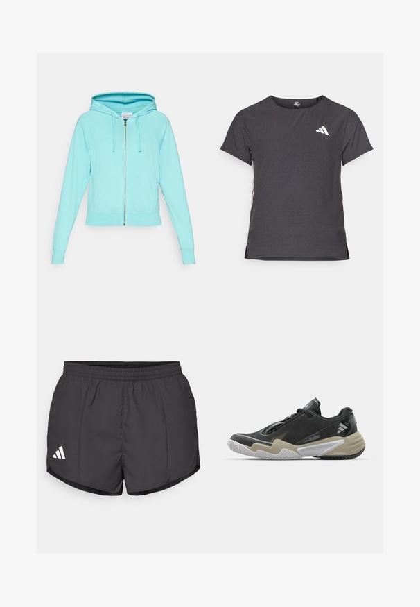 Světle modrá zipová mikina s přiléhavým lemem, raglánovými rukávy a podšívkovou kapucí. Obsahuje přední kapsy a stříbrný zip.; Kraťasový sportovní tričko, tmavě šedé barvy s perforovanou texturou. Obsahuje bílé logo a kontrastní boční pruhy. Kulatý výstřih.; Černé sportovní šortky vyrobené z lehkého materiálu, s elastickým pasem a bílým logem Adidas na dolní levé straně.; Černá a béžová sportovní obuv s texturovaným svrškem, výrazným designem podešve, reflexními prvky a šněrovacím systémem. Lehká konstrukce.