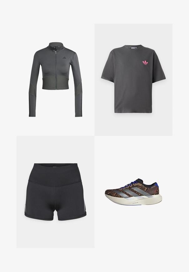Grijze sportieve zip-up jas met lange mouwen, voorzien van ribbeltextuur op de taille en mouwen, en een logo aan de linkerkant van de borst.; Donkergrijze T-shirt met korte mouwen en een klein roze Adidas trefoil logo op de linkerborst, weergegeven tegen een witte achtergrond.; Zwarte sportkorte broek met een hoge tailleband, gemaakt van rekbare stof. Voorzien van witte zijstrepen en flatlocknaden voor comfort.; Hardloopschoen met een bruin luipaardpatroon bovenwerk, zilveren strepen, blauwe accenten en een witte tussenzool gemarkeerd met "LIGHTSTRIKE PRO." Lichtgewicht ontwerp.