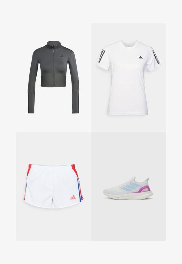 Giacca sportiva grigia con zip e maniche lunghe, caratterizzata da una texture a coste in vita e sulle maniche, e un logo sul lato sinistro del petto.; Maglietta sportiva bianca realizzata in un tessuto leggero e liscio. Presenta dettagli neri a tre strisce sulle spalle e un piccolo logo nero sul petto.; Pantaloni sportivi bianchi con pannelli laterali rossi e strisce blu. Vita elastica e logo nella parte inferiore sinistra. Texture del tessuto liscia.; adidas Performance PUREBOOST 5 - Scarpe da corsa su strada - white/glow blue/purple burst
