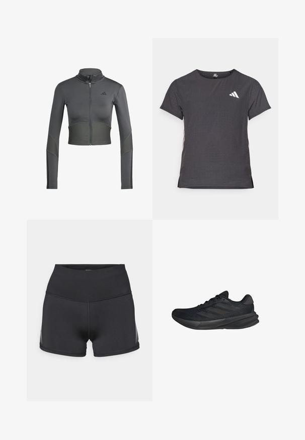 Giacca sportiva grigia con zip e maniche lunghe, caratterizzata da una texture a coste in vita e sulle maniche, e un logo sul lato sinistro del petto.; T-shirt atletico a maniche corte, grigio scuro con texture perforata. Presenta un logo bianco e strisce laterali a contrasto. Girocollo.; Pantaloncini sportivi neri con vita alta, realizzati in tessuto elasticizzato. Presentano strisce laterali bianche e cuciture flatlock per il massimo comfort.; Scarpe sportive nere con tomaia in rete, forma aerodinamica, suola piatta e tre strisce diagonali sui lati. Design leggero per il massimo comfort.