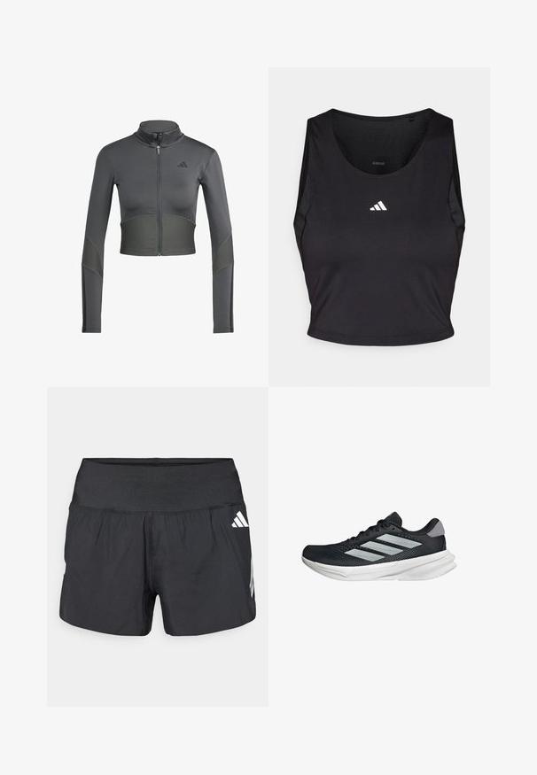 Siva atletska majica sa rajsferšlusom i dugim rukavima, s rebrastom teksturom na struku i rukavima, te logom na lijevoj strani grudi.; Crni sportski crop top napravljen od tkanine koja odvodi vlagu, s okruglim izrezom, bez rukava i bijelim logotipom na prsima.; Crne sportske kratke hlače s širokim elastičnim pojasom, laganom tkaninom i bijelim logotipom na donjoj strani.; Crne trkačke tenisice s mrežastim gornjim dijelom, tri srebrne pruge, bijeli srednji sloj i teksturirani potplat. Sadrži podstavljeni ovratnik i zatvaranje s vezicama.