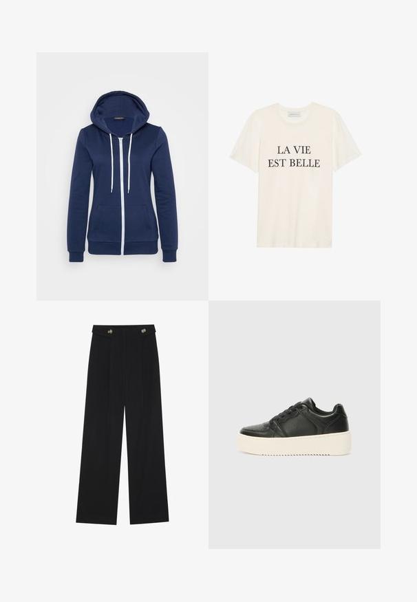 Tengerészeti színű zipzáras kapucnis felső fehér húzózsinórral, elülső zsebekkel és bordás mandzsettákkal. Puha anyag, sima textúrával, laza dizájnnal.; Krém színű, rövid ujjú pamut póló, kerek nyakkal. Az elején középen fekete felirat olvasható: "LA VIE EST BELLE".; Fekete, bő szárú nadrág magas derékkal, gombos részletekkel a derékrészen és elülső pliszékkal.; Fekete bőr sportcipő sima felülettel, vastag krémszínű talppal, kerek orral és klasszikus fűzős kialakítással. Finom varrási részletek.