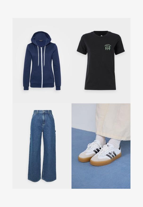 Mornarica zip-up dukserica s bijelim vezicama, prednjim džepovima i rebrastim rukavima. Mekana tkanina s glatkom teksturom koja ima ležeran dizajn.; Converse FOREST ART TEE - Majica kratkih rukava s printom - black; Široke plave traperice s visokim strukom, kontrastnim šavovima i bočnim džepovima, s klasičnim dizajnom s pet džepova i sirovim rubovima.; Bjele tenisice s crnim prugama i bež suknjom. Imaju teksturiranu gumu potplat i ravne bijele vezice, nošene uz svijetle čarape.