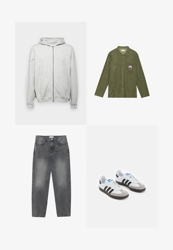 Ljusgrå zip-up hoodie tillverkad av mjukt tyg. Har en huva, två framfickor och ribbade muddar för en bekväm passform.; Olivgrön kordskjorta med långa ärmar, knappstängning, två bröstfickor och ett bergsgrafikpatch på vänster ficka.; Vit bomull t-shirt med korta ärmar, rundad halsringning, avslappnad passform och utan synliga logotyper eller mönster. Slät textur och minimal design.; Högmidjade, löst sittande jeans i blekt svart denim. Inkluderar fem fickor, bälteshällor och en ren, rak ben-design.; Sportskor med överdel i vit läder, grå mocka på tårna och tre svarta ränder. Har en blå logotyp på tungan och en texturerad gummisula.