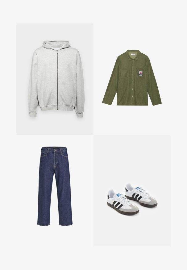 Lys grå hettejakke med glidelås laget av myk stoff. Har hette, to frontlommer og ribbestrikkede mansjetter for en behagelig passform.; Oliven grønn kordfløyelskjorte med lange ermer, knappeåpning, to brystlommer, og et fjellgrafikkmerke på venstre lomme.; Mørkeblå denim jeans med rett snitt, fem lomme-design, metallknapplukking og kontraststing, med en subtil tekstur.; Sportssko med en hvit skinnoverdel, grå semsket tå og tre svarte striper. Har en blå logo på tungen og en teksturert gummisåle.