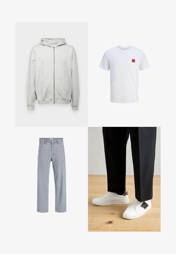 Sudadera con cremallera de color gris claro, hecha de una tela suave. Cuenta con una capucha, dos bolsillos frontales y puños de canalé para un ajuste cómodo.; Camiseta de algodón blanca con mangas cortas, que presenta un pequeño parche cuadrado rojo con texto negro en la parte izquierda del pecho. Diseño clásico de cuello redondo.; Jeans de mezclilla azul claro con un ajuste holgado, diseño de pierna recta, costuras visibles, dos bolsillos frontales y cierre de botón.; Zapatillas blancas con textura suave, con acentos de cuero marrón y detalles en negro, combinadas con pantalones negros ajustados. Fondo de suelo de madera.