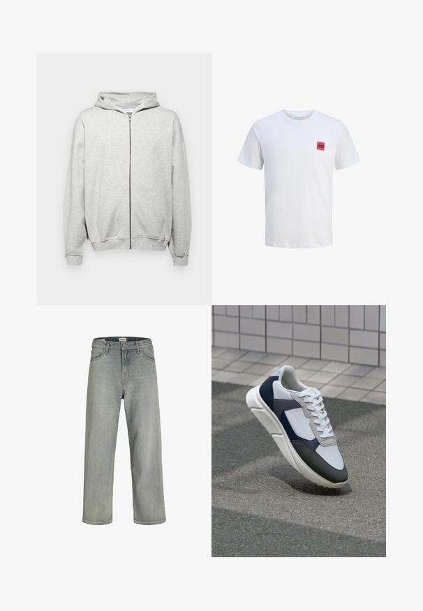 Hoodie vaaleanharmaana vetoketjulla, joka on valmistettu pehmeästä kankaasta. Siinä on huppu, kaksi etutaskua ja ribbed hihansuut mukavan istuvuuden takaamiseksi.; Valkoinen puuvillainen t-paita lyhyillä hihoilla, jossa on pieni punainen neliölogo mustalla tekstillä vasemmassa rintapielessä. Klassinen pyöreä kaula-aukko.; Vaaleanharmaat, löysät farkut, jotka on valmistettu denimistä. Ominaisuuksiin kuuluu klassinen viiden taskun muotoilu, vyölenkit ja suora lahjetyyli.; Valkoinen, laivastonsininen ja harmaa tennari sekamateriaalimuotoilulla, jossa on teksturoitu päällinen, litteät nauhat ja pehmustettu pohja.