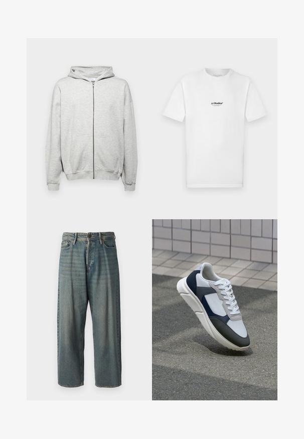 Felpa zip grigia chiara realizzata in tessuto morbido. Presenta un cappuccio, due tasche frontali e polsini a costine per una vestibilità confortevole.; Maglietta bianca in cotone con maniche corte e collo rotondo. Presenta un piccolo logo nero "JJ Studios" sul petto.; Jeans di denim azzurro chiaro con vestibilità ampia, vita media e gambe dritte. Presenta cinque tasche, passanti per cintura e chiusura con bottone.; Sneaker bianca, blu navy e grigia con un design a materiali misti, caratterizzata da una tomaia testurizzata, lacci piatti e una suola imbottita.