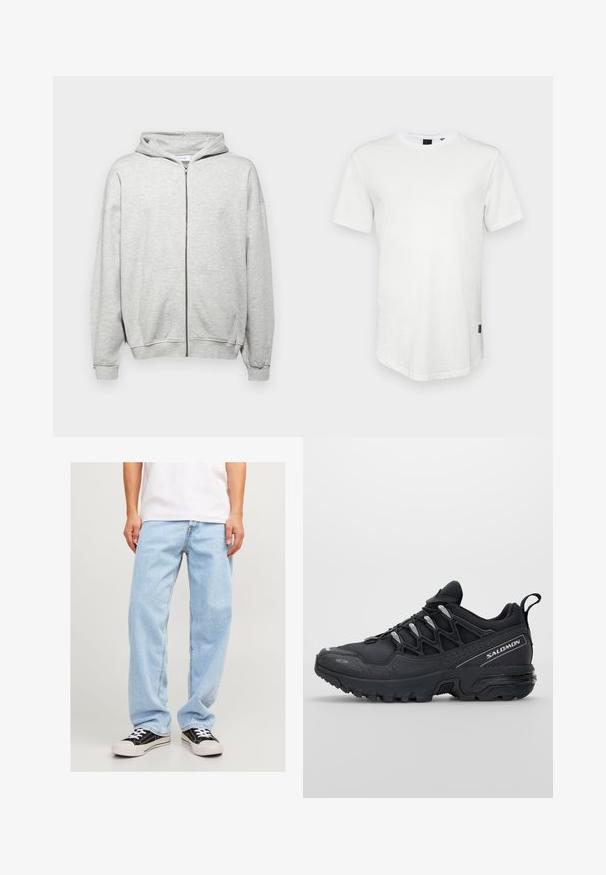 Felpa zip grigia chiara realizzata in tessuto morbido. Presenta un cappuccio, due tasche frontali e polsini a costine per una vestibilità confortevole.; T-shirt bianca a maniche corte in cotone, caratterizzata da un collo rotondo e un retro leggermente allungato, con un piccolo logo accento sul lato.; Jeans in denim azzurro chiaro con vestibilità comoda, caratterizzati da un design a gamba dritta e cuciture standard, abbinati a sneaker nere.; Scarpe sportive nere con tomaia in rete, suola in gomma e dettagli riflettenti. Presentano una suola ammortizzata e un design con chiusura a lacci.