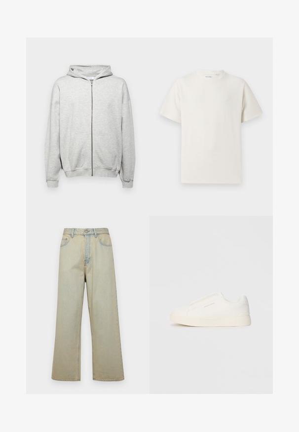 Light grey zip-up hoodie made of soft fabric. Features a hood, two front pockets, and ribbed cuffs for a comfortable fit.; White short-sleeve T-shirt in a ribbed texture. Round neckline, relaxed fit, no visible patterns or accents. Simple and versatile design.; Light blue wide-leg jeans made of denim with a faded finish. Features five pockets and a front button closure.; White slip-on sneakers with a textured surface, a thick sole, and minimalistic design. Features brand logo on the side.