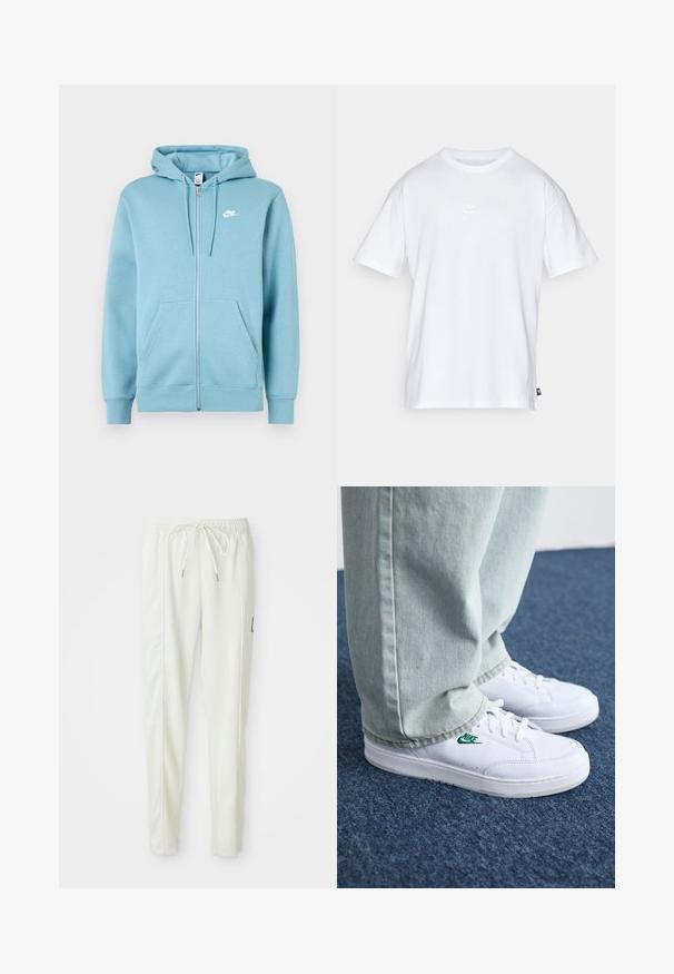 Moleton azul claro com fecho zip, feito de uma mistura de algodão suave, apresentando um bolso frontal tipo canguru, capuz com cordão e o logótipo branco da Nike no peito.; T-shirt de algodão branco com mangas curtas e decote redondo. Apresenta um pequeno e discreto logótipo da Nike no peito e uma etiqueta lateral.; Calças jogger slim-fit brancas com cintura elástica e cordão, apresentando detalhes nas costuras laterais e um pequeno patch preto na perna direita.; Tênis de couro brancos com logo verde da Nike, bico redondo, sola plana, combinados com calças de denim azul claro, exibidos sobre um tapete azul.